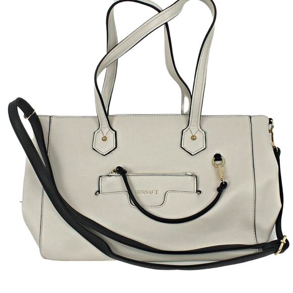 Gussaci Women's Large Tote Shoulder Handbag Minimalist Neutral Cream Black Trim - Picture 2 of 12